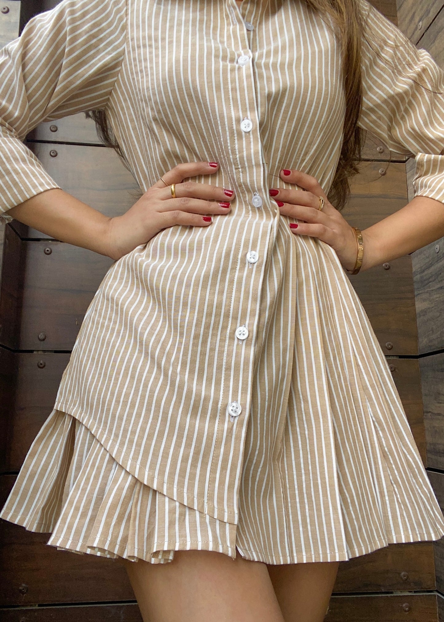 Beige Striped Shirt Dress